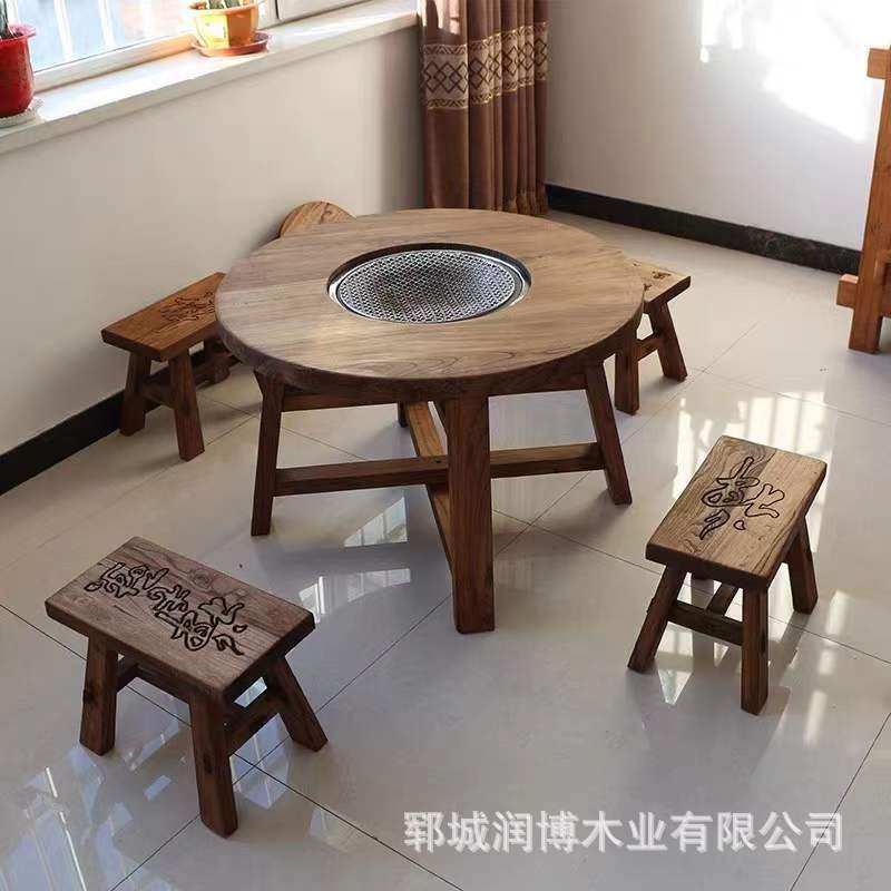老榆木茶桌围炉煮矮茶台烧烤桌复古圆形一桌四椅家具风化实木