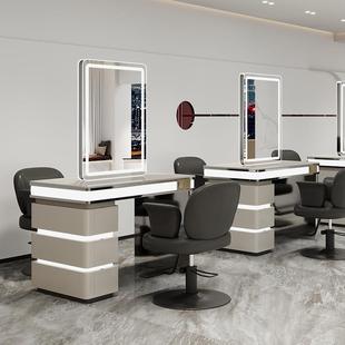 网红美发店镜台双面四面发廊专用剪发镜子简约带灯理发店烫染桌子
