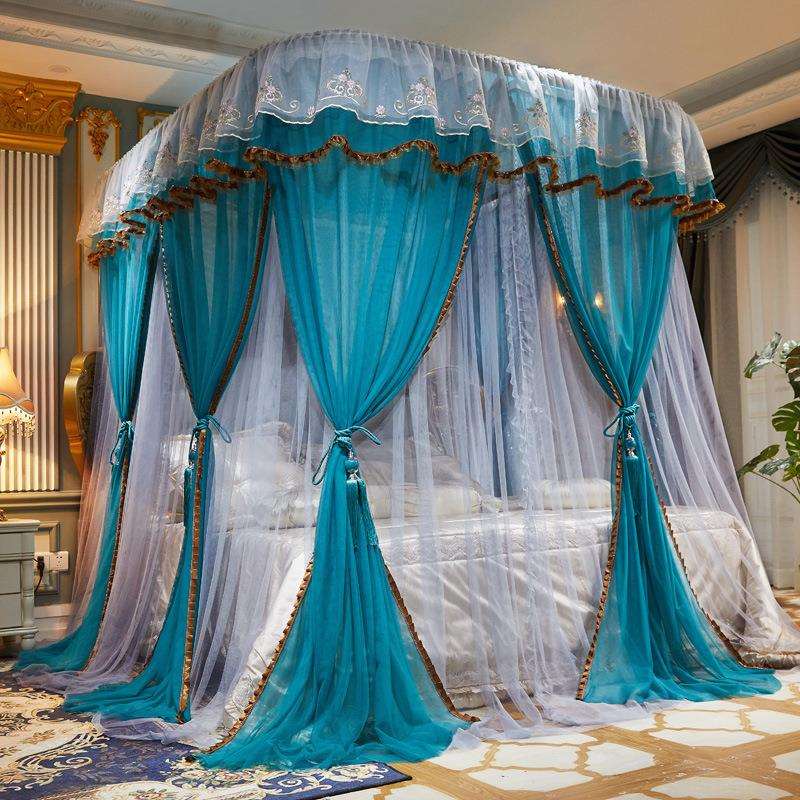 新款双层蚊帐导轨飘赢U型伸缩三开门宫廷落地公主风加密家用轨道
