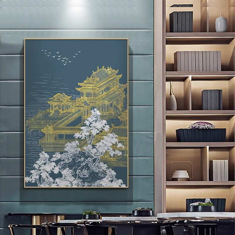 新中式装饰画样板房创意山水画建筑书房客厅玄关沙发背景软装挂画