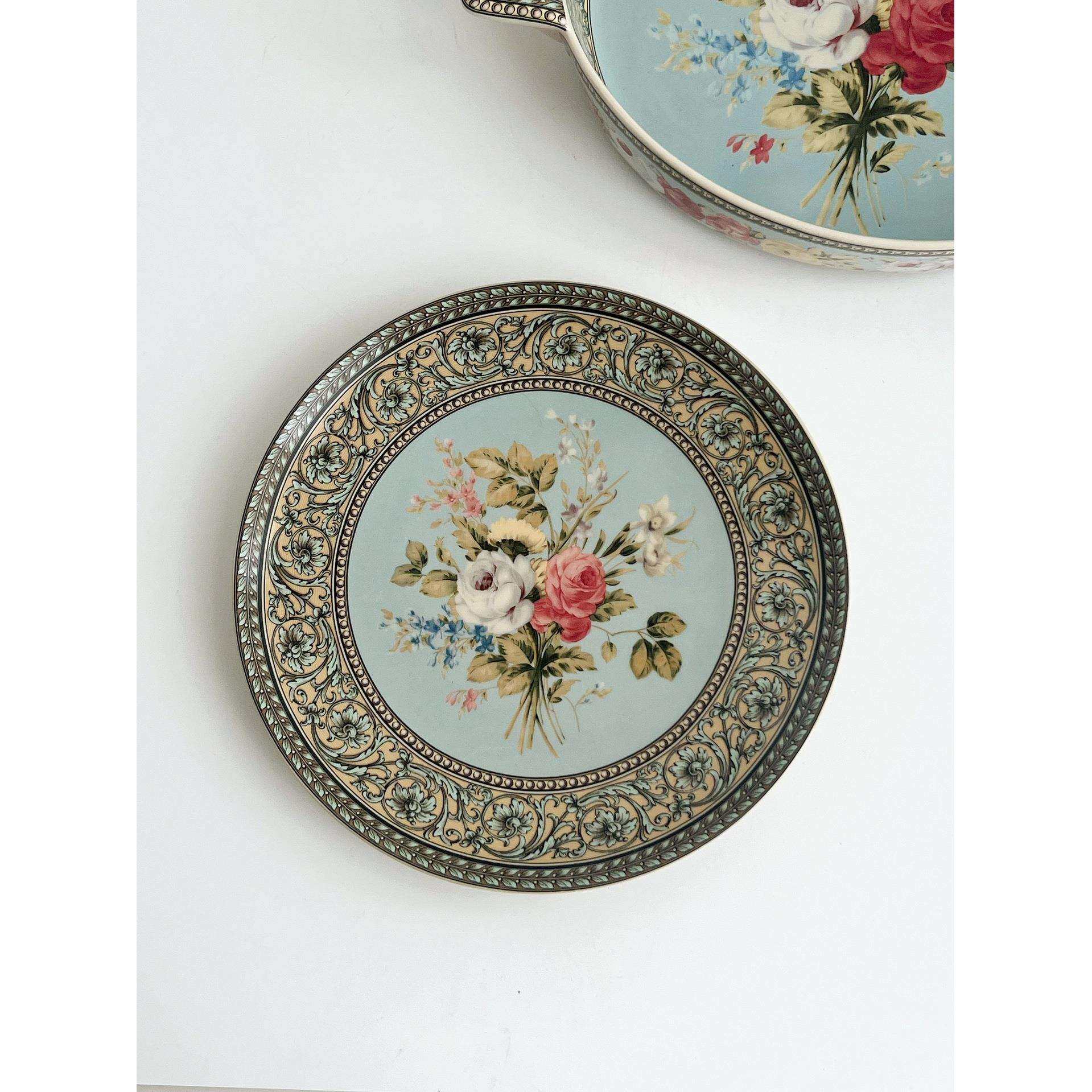 中古瓷复古蓝色蔷薇花束系列黑瓷釉中彩陶瓷盘烤盘