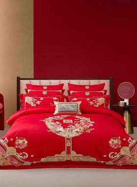 新中式婚庆四件套结婚床上用品红色结婚被套床单长绒棉全棉纯棉2m