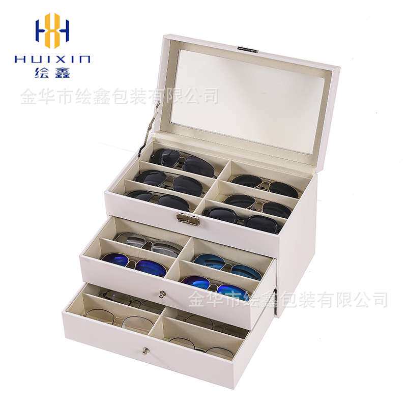 现货3层白色PU皮眼镜收纳盒 高透玻璃展示盒 打容量多功能饰品收