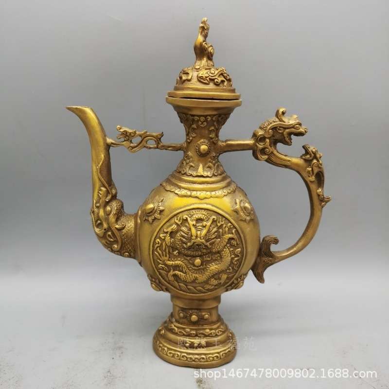 纯铜仿古双龙铜壶 刻龙酒壶铜器 工艺品摆件家居古玩收藏