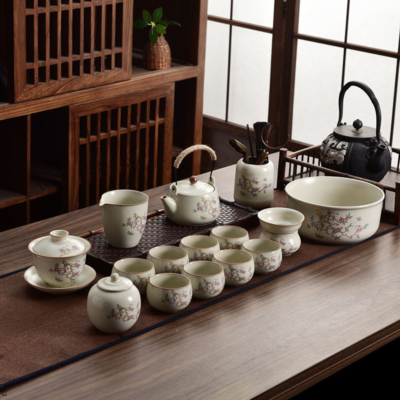 蝶舞桃花 汝窑功夫茶具套装陶瓷开片茶壶盖碗茶杯整套礼盒装商务