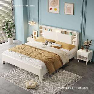 奶油风北欧现代简约白色实木床储物床1.8双人床家用主卧储物床
