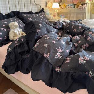 纤维化纤复古田园暗黑法式荷叶边被套四件套单件宿舍床单被罩1.8m