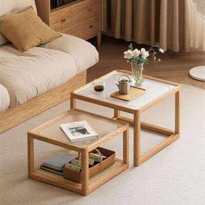 茶几橡木现代客厅方形咖啡桌客厅嵌套桌原装木制边桌藤制咖啡桌