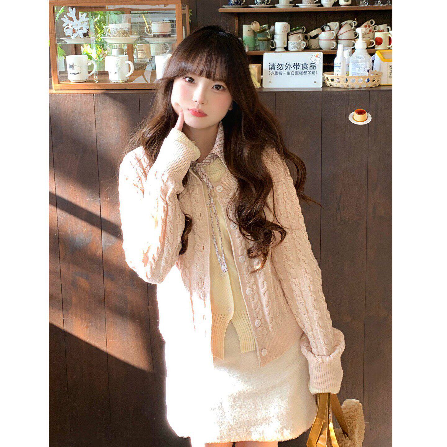 甜美可爱粉色假两件针织开衫女秋冬巨好看学院风毛衣短裙两件套装