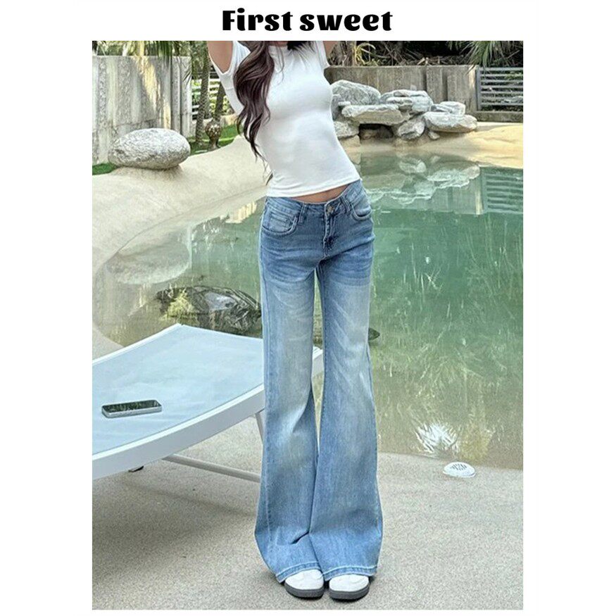 冰蓝色低腰微喇牛仔裤女2025年秋爆款宽松显瘦小个子直筒喇叭裤子