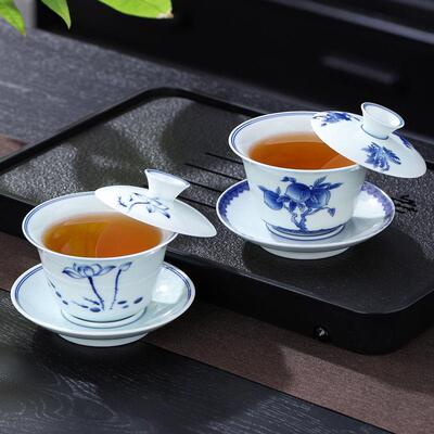 悬停盖碗家用陶瓷中式复古手工羊脂玉瓷手绘三才抹茶碗单个泡茶碗