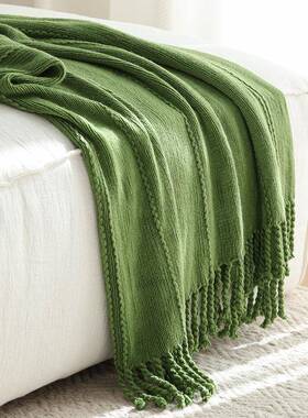 纯色北草绿色盖毯毛毯款工麻新JS226花手针织毛线沙发装饰毯子软