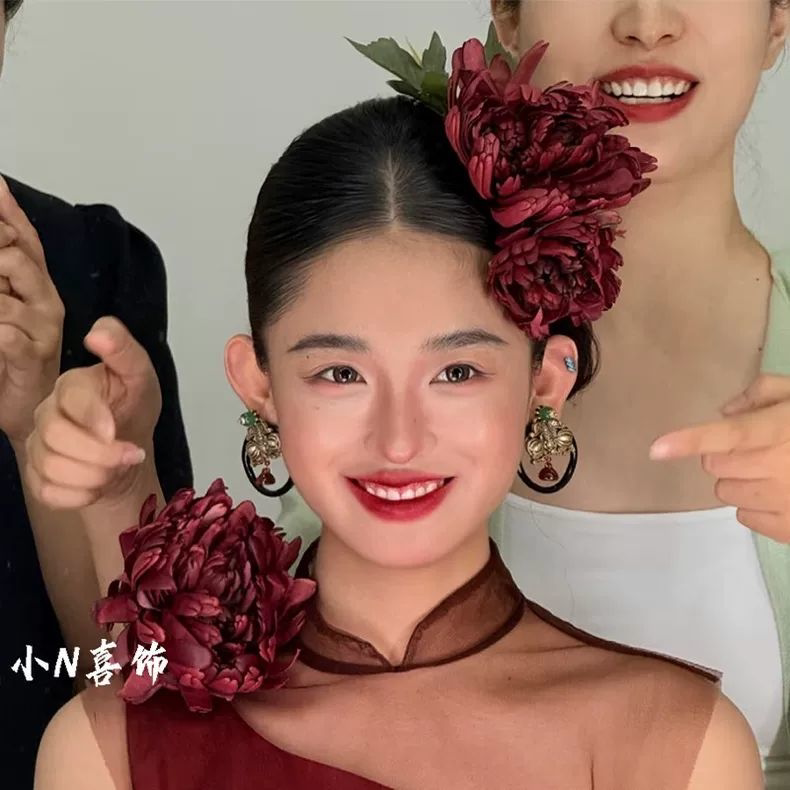 新中式复古红色花朵新娘发饰