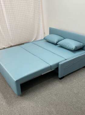 现代简约蓝色皮艺矮扶手双人沙发小户型客厅卧室储物功能沙发床