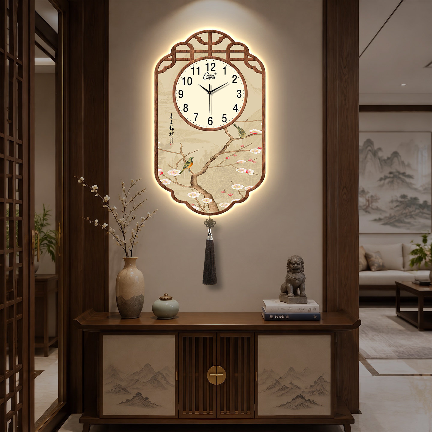 康巴丝中国风挂钟客厅家用新款装饰画挂墙创意万年历挂表静音时钟图片