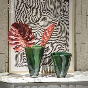 晶淳中古绿色大敞口径玻璃花瓶客厅百搭水培鲜花束软装饰品