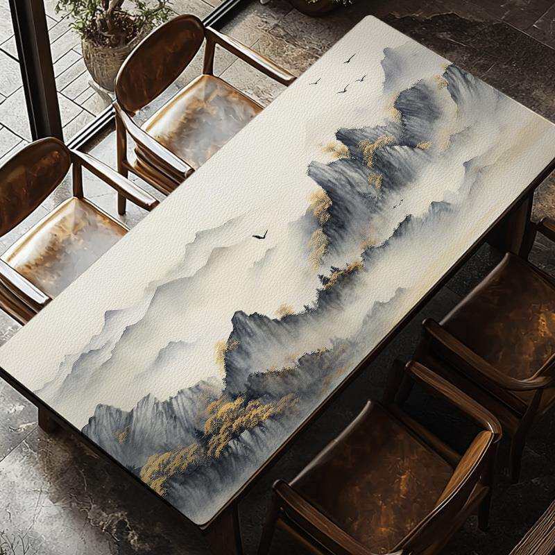 新中式水墨画皮革桌垫免洗防水防油复古轻奢感皮质餐桌布家用