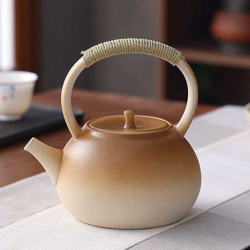 P66D复古陶瓷烧水壶电陶炉家用围炉煮茶壶明火碳炉黄釉养生壶户外