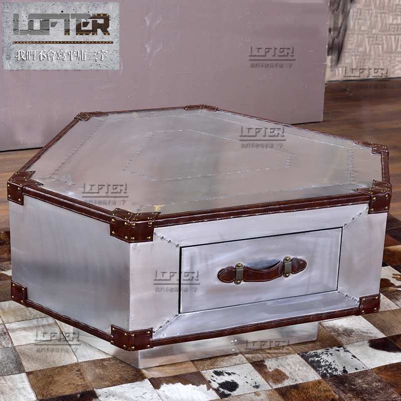 六角形铝皮铆钉个性茶几loft工业风金属三抽酒吧咖啡茶几