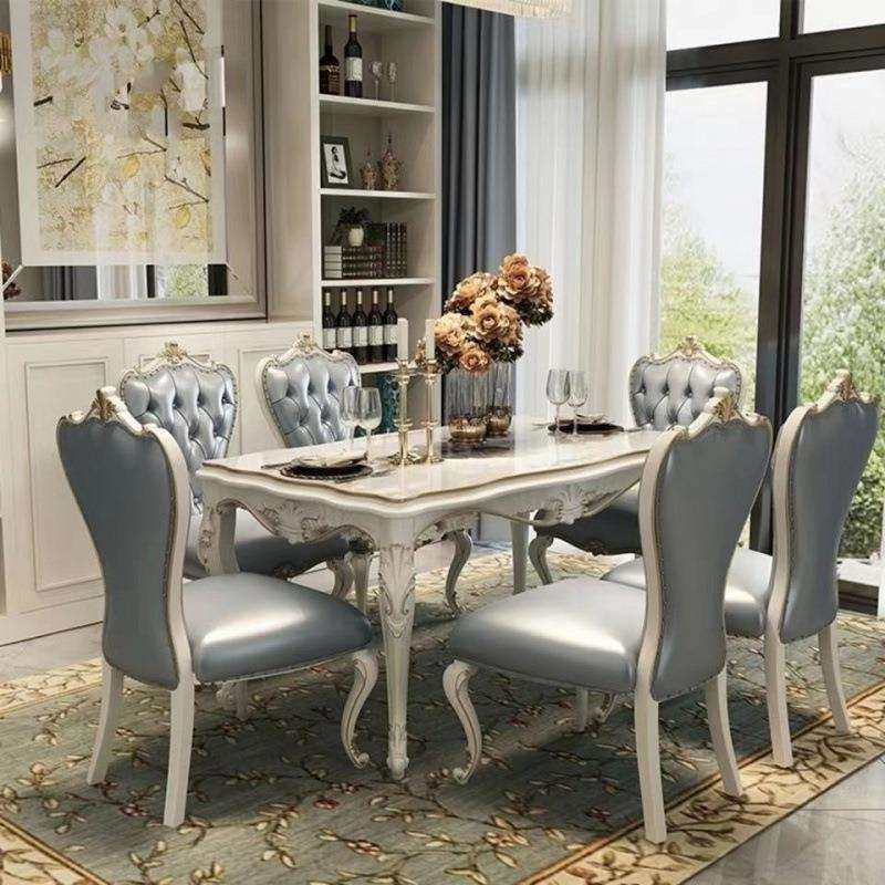 欧式简约实木印花雕花长方形餐桌椅大理石面餐台别墅美式奢华描金