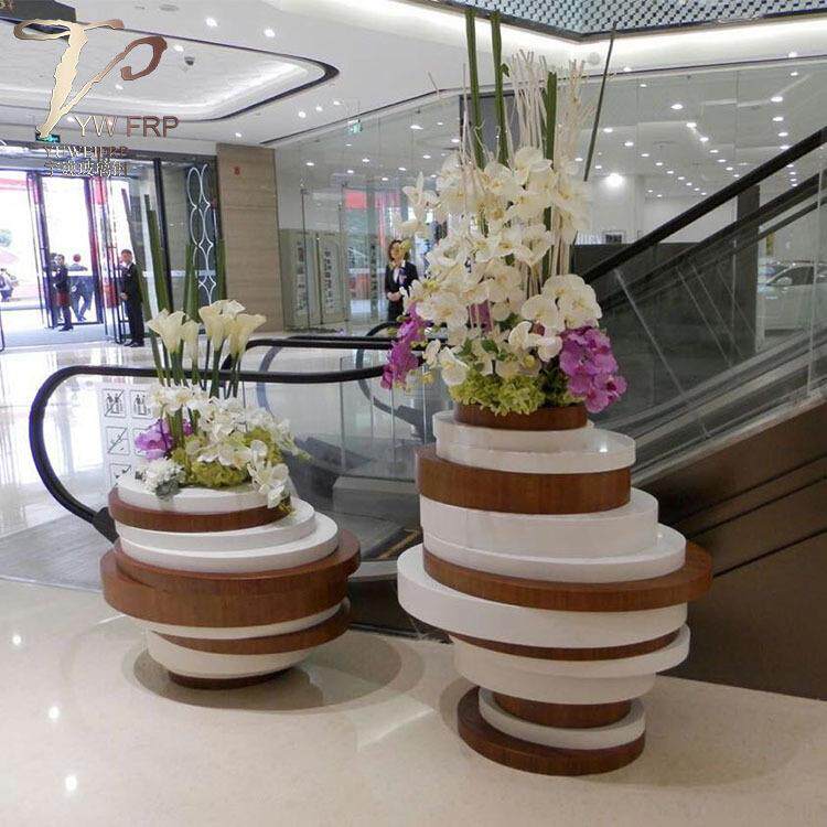 北欧玻璃钢重叠组合花盆酒店仿木纹花器办公室花瓶户外花园种植箱