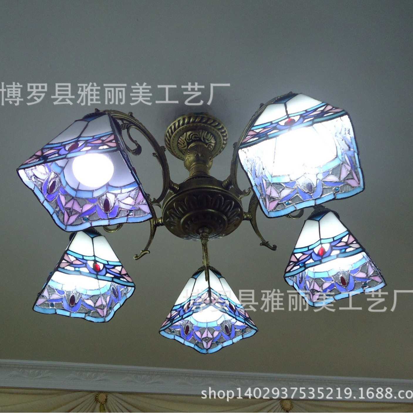 厂家 简欧式小户型客厅卧室书房蒂凡尼玻璃铁艺四方多头吸顶灯