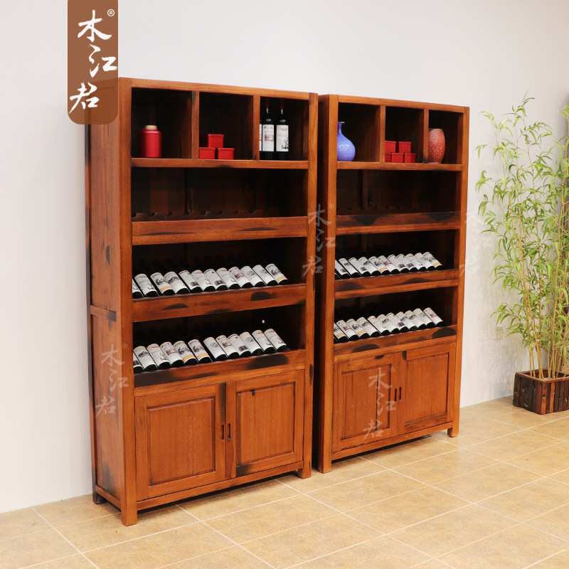 老船木实木红酒柜家用客厅隔断落地酒窖展示柜中式古风储物柜酒架