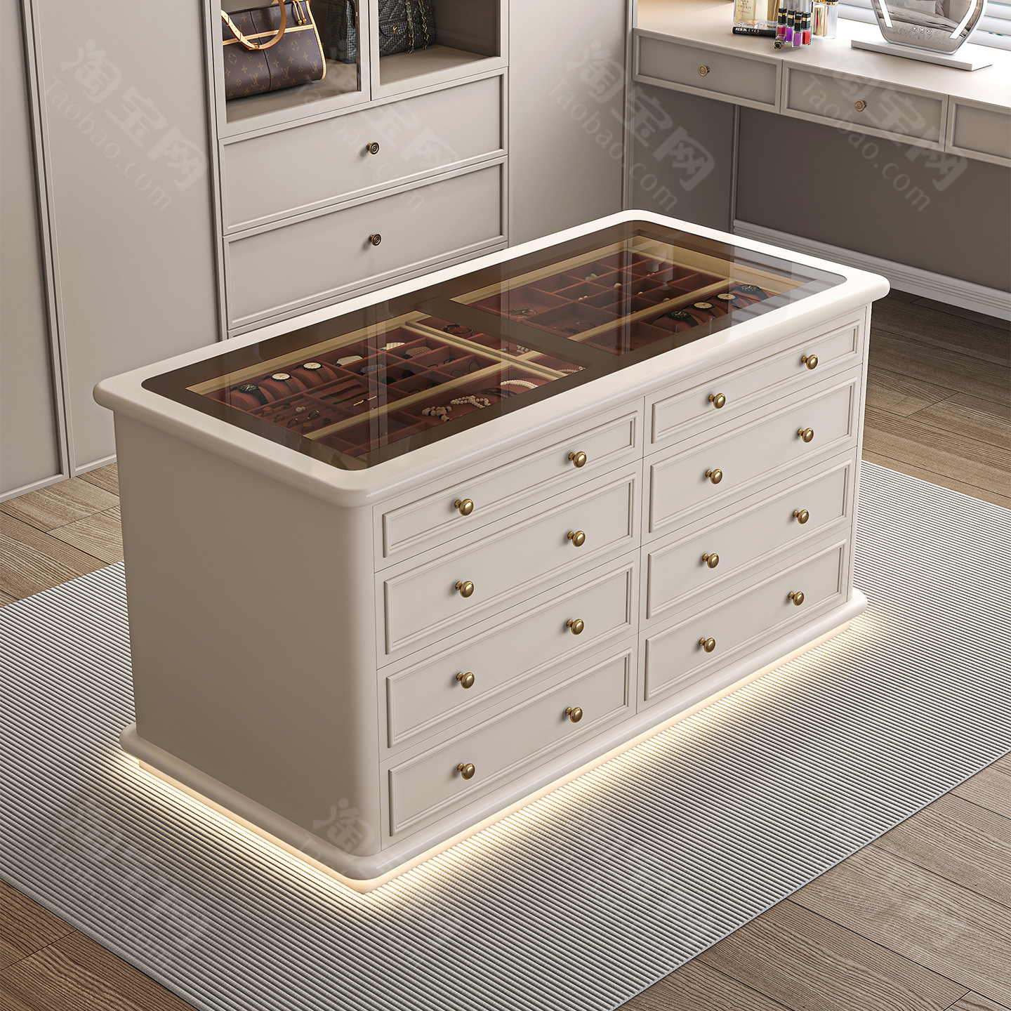 法式轻奢风衣帽间中岛柜家用奶油风收纳柜床尾展示斗柜珠宝首饰柜