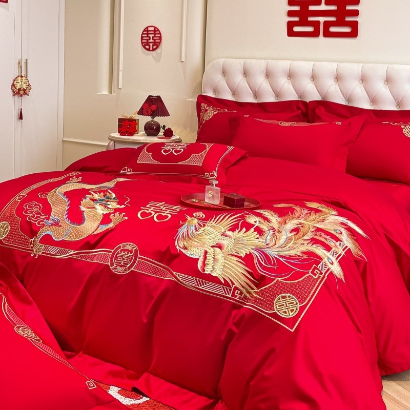 中式婚庆四件套红色刺绣婚房婚礼绣花喜被龙凤结婚被套床上用品4