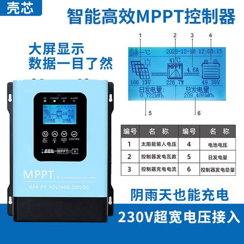 MPPT太阳能控制器30A60A120A光伏230V发电全自动12V-96V通用