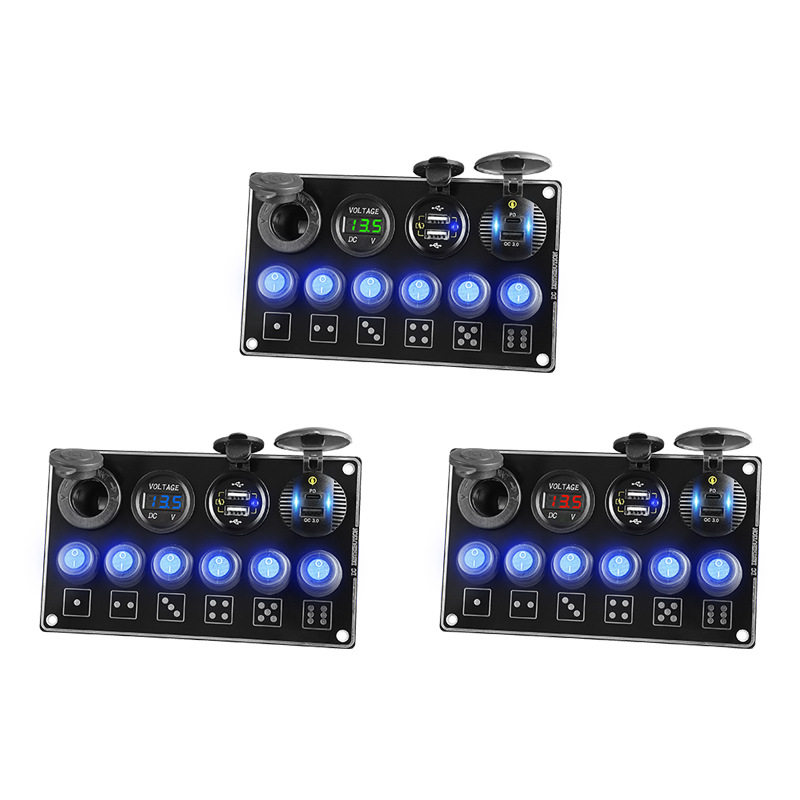 车载改装充电器面板电压表QC3.0双USB快充PD点烟孔車船用六孔开关