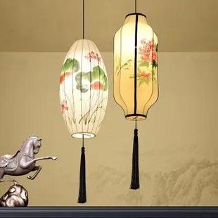 中式 布艺手绘灯笼仿古典宫灯餐厅茶楼过道创意冬瓜长形布艺吊灯具