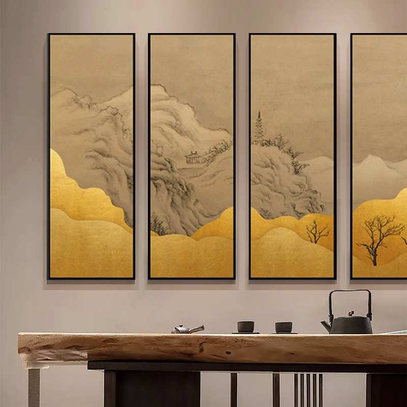 新中式轻奢金色山水挂画玄关会客室组合装饰画卧室样板间展厅壁画