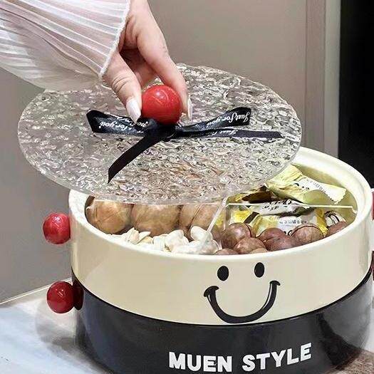 北欧陶瓷分格干果盘带盖水果盘家用客厅坚果盘糖果盘零时摆放盘