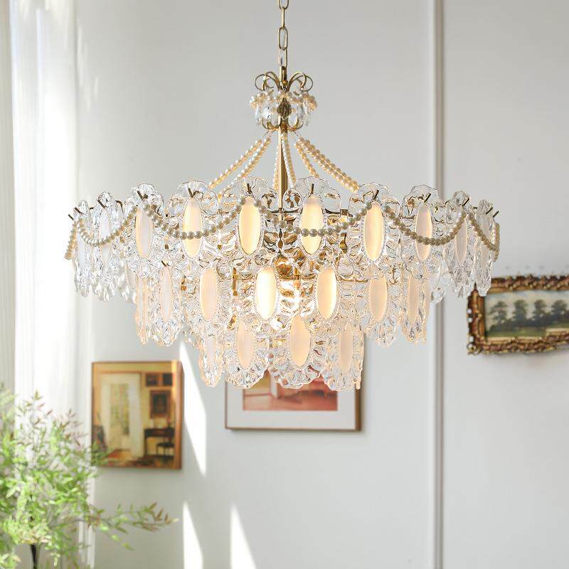 法式水晶吊灯奶油风灯饰玻璃中古灯具轻奢2023年新款客厅主卧室灯