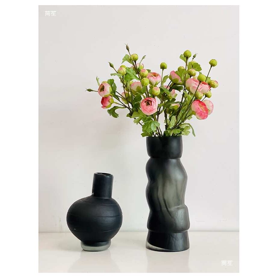 欧式美式黑色摹刻手工玻璃花瓶客厅桌面居家装饰摆件鲜花水培花器