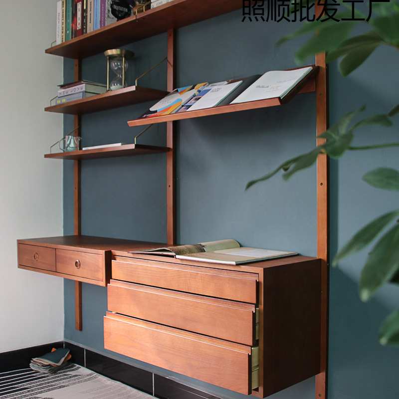 挂墙书架家具复古实木樱桃木中古蜂蜜色置物书架墙壁系统挂柜搁板