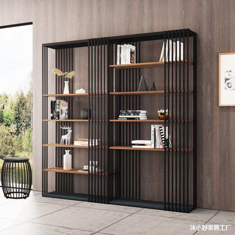 新中式铁艺书架落地现代博古架办公室书柜隔断置物架工业风展示架