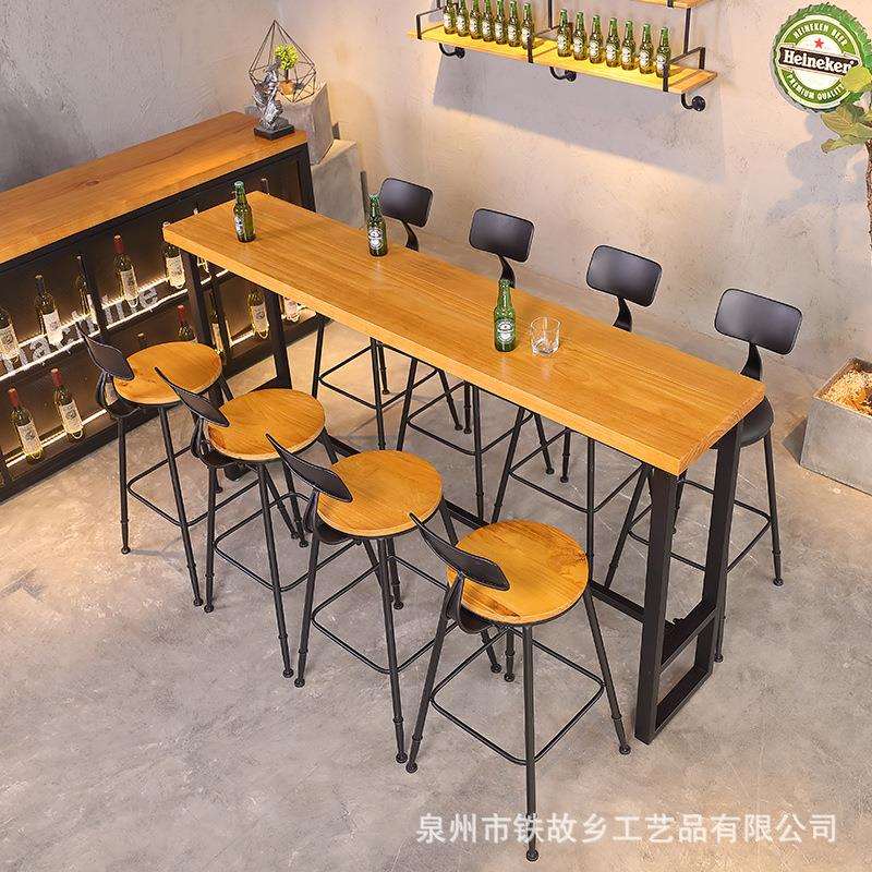 美式复古实木吧台桌咖啡厅休闲奶茶店铁艺高脚桌酒吧长条桌椅组合