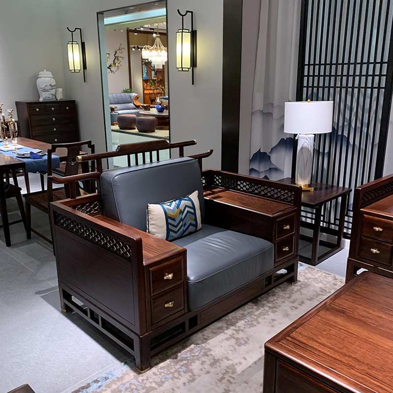 新中式实木乌金木沙发组合现代简约轻奢沙发别墅禅意黑胡桃木家具