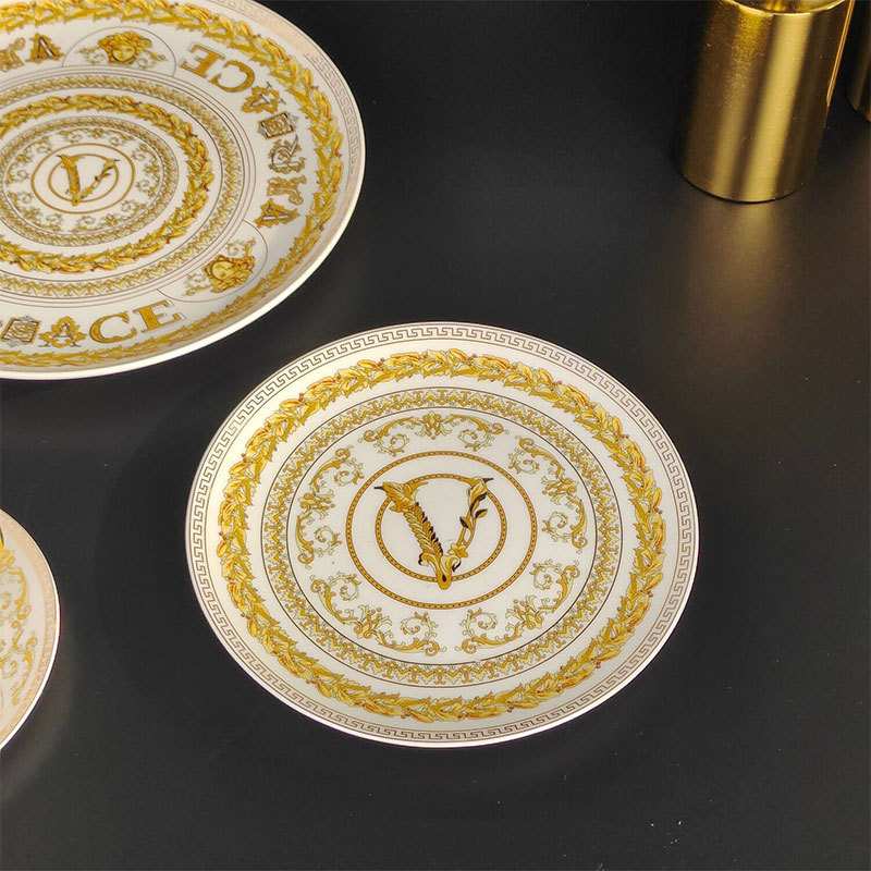 欧式轻奢复古V圆形西餐盘杯子陶瓷烫金圆盘酒店牛排盘家用餐具