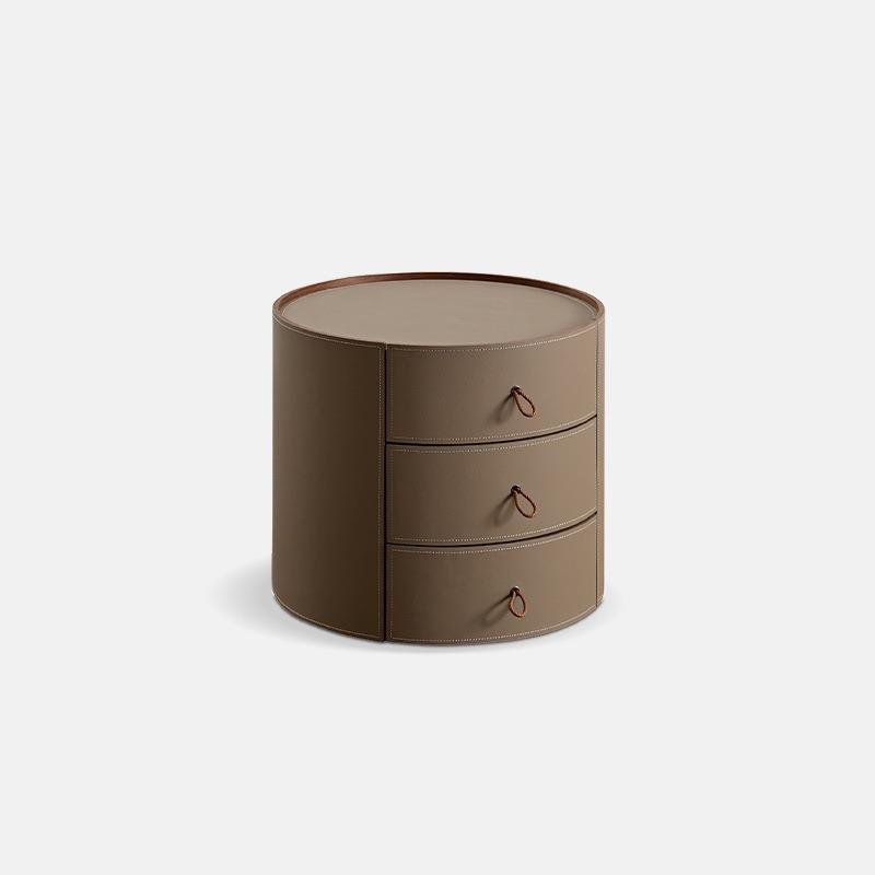 现代极简三抽储物柜意式轻奢时尚家用实木床头柜马鞍皮圆形床边柜