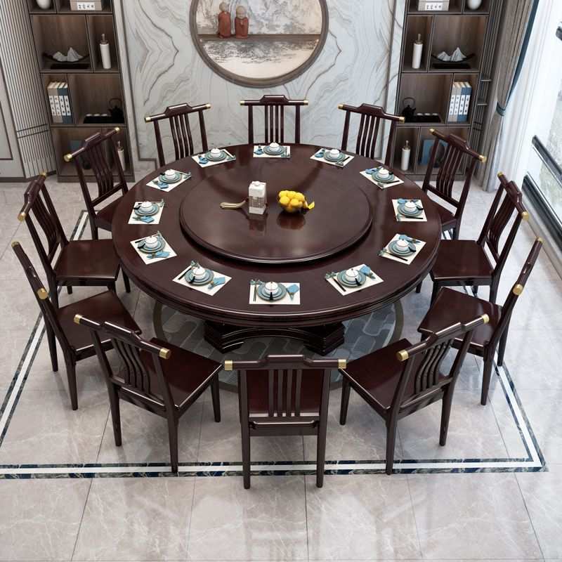 新中式实木圆桌椅组合带转盘餐桌家用农村电磁炉吃饭桌饭店大圆台