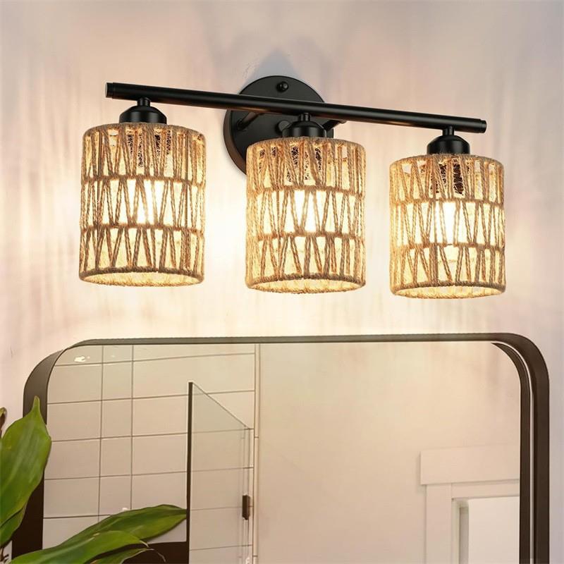 跨境美式简约壁灯藤编麻绳灯罩民宿酒店农舍吧台卧室阳台三头壁灯