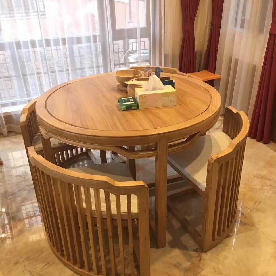 老榆木新中式餐桌椅茶水桌组合中式实木圆桌售楼处酒店家具