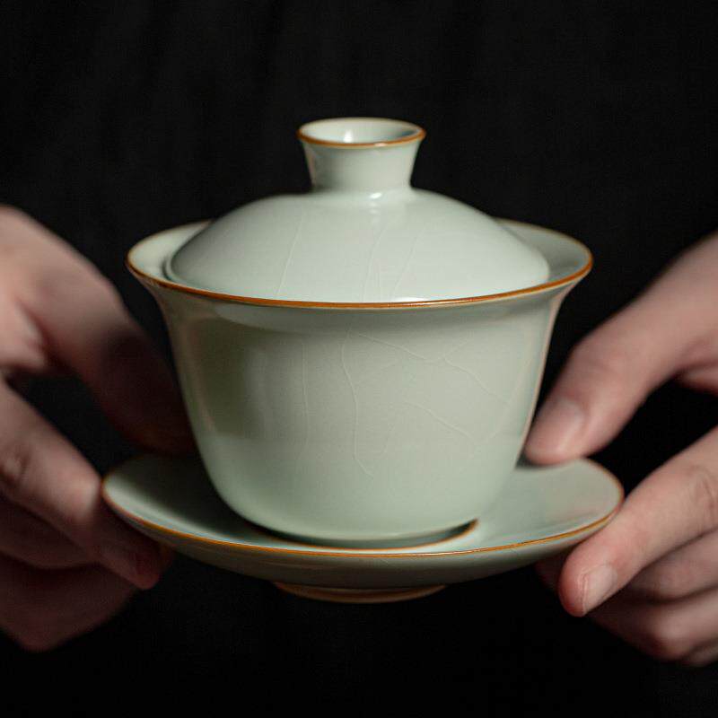 汝州汝窑中式家用大号简约敬茶杯三才茶具陶瓷时尚防烫大容量盖碗