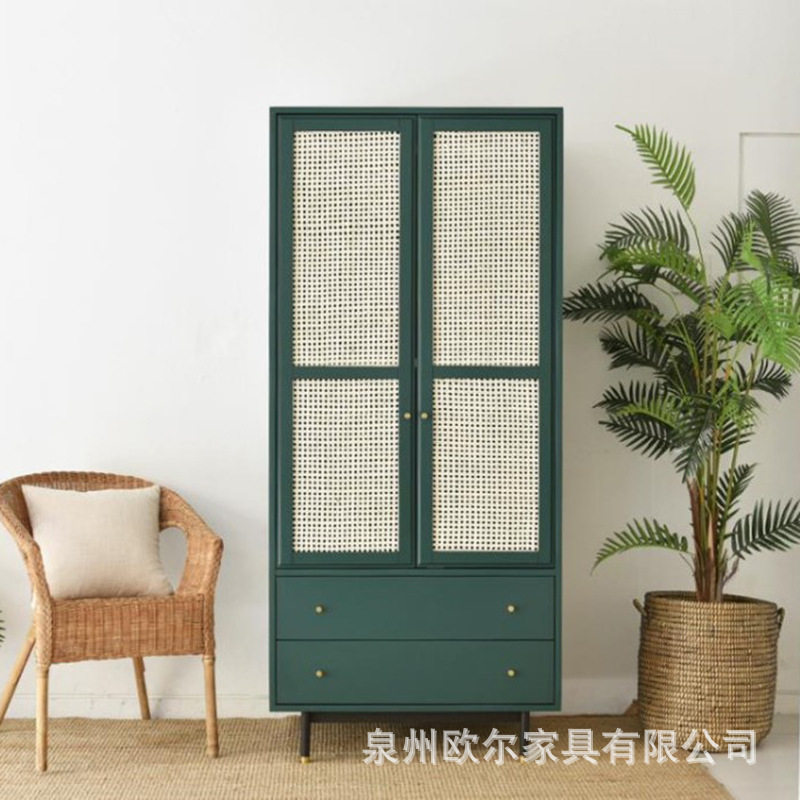 北欧实木衣柜藤编抽屉式双开门大衣柜家用轻奢客卧储物收纳衣柜