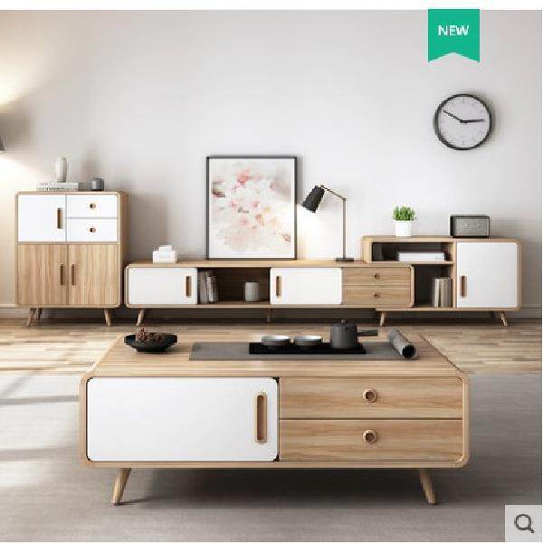 北欧电视柜茶几组合套装可伸缩实木圆角柜日式小户型简约客厅地柜