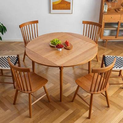 庄里北欧实木折叠餐桌家用小户型樱桃木方桌可伸缩圆桌方圆两用桌