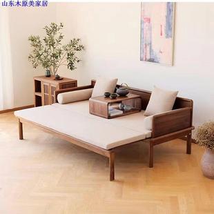 全实木黑胡桃木罗汉床小户型推拉床现代简约樱桃木中式床榻沙发床